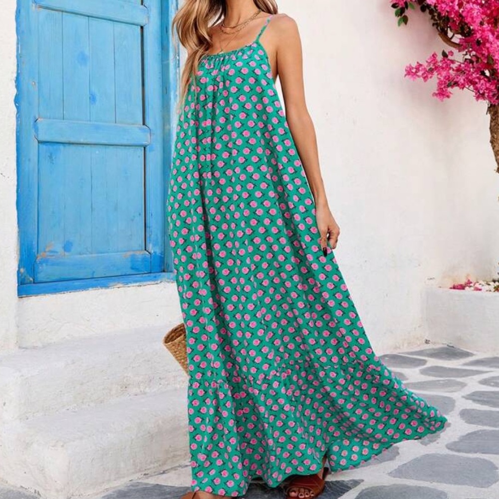 Floral Green and Pink Flowy Maxi Dress